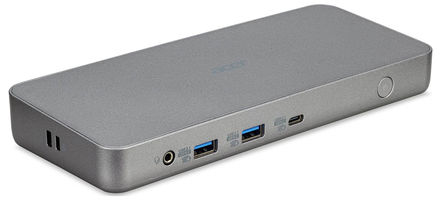 Eine elegante, graue elektronische Dockingstation mit mehreren Anschlüssen, darunter USB und Ethernet, entwickelt zum Verbinden verschiedener Geräte.