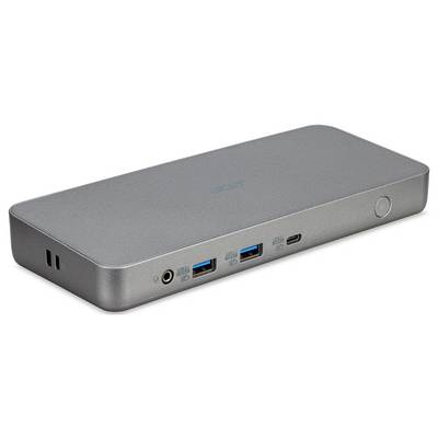 Eine elegante, graue elektronische Dockingstation mit mehreren Anschlüssen, darunter USB und Ethernet, entwickelt zum Verbinden verschiedener Geräte.