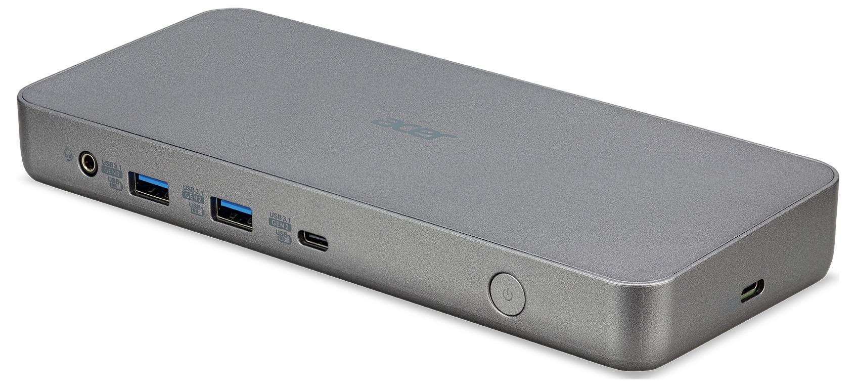 Eine rechteckige graue Dockingstation mit mehreren Anschlüssen, darunter USB-Ports und einer Einschalttaste.