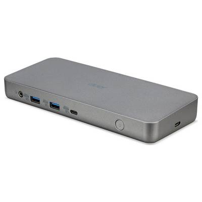 Eine rechteckige graue Dockingstation mit mehreren Anschlüssen, darunter USB-Ports und einer Einschalttaste.