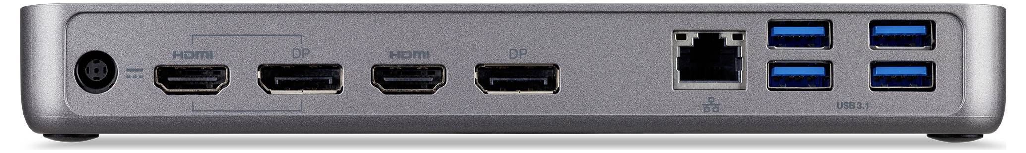 Die Abbildung zeigt eine Dockingstation mit mehreren Anschlüssen, darunter drei HDMI-Ports, einen Ethernet-Anschluss und vier USB-3.0-Ports für Konnektivität.