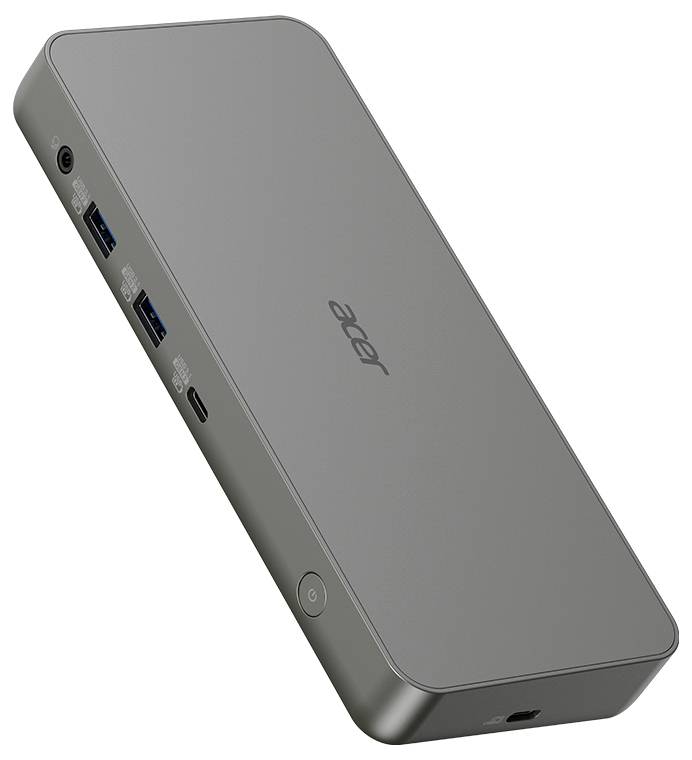 Eine Acer-Dockingstation mit mehreren Anschlüssen, einschließlich USB und Audiobuchsen, an der Seite.