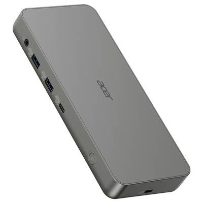 Eine Acer-Dockingstation mit mehreren Anschlüssen, einschließlich USB und Audiobuchsen, an der Seite.