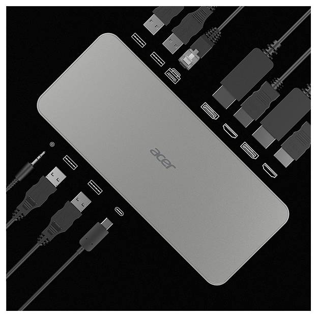 Ein Dockingstation mit mehreren Anschlüssen: USB-C, HDMI, Ethernet, USB-A, Kopfhörerbuchse und Stromversorgung. Kabel sind an verschiedenen Anschlüssen angeschlossen.