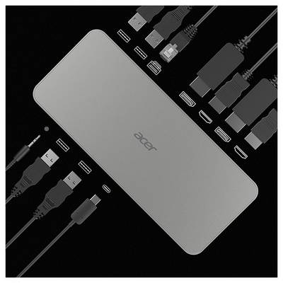 Ein Dockingstation mit mehreren Anschlüssen: USB-C, HDMI, Ethernet, USB-A, Kopfhörerbuchse und Stromversorgung. Kabel sind an verschiedenen Anschlüssen angeschlossen.