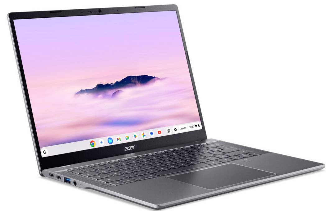 Ein schlankes Laptop mit einem rosa Wolken-Desktop-Hintergrund, das den Einsatz für persönliche oder berufliche Computernutzung andeutet.