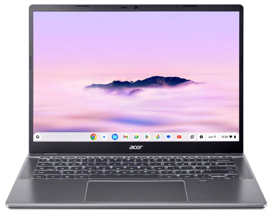 Acer-Laptop mit einer Desktop-Ansicht, deren Hintergrund ein wolkenthematisches Motiv zeigt; in der Taskleiste sind die Symbole für Chrome und Google-Apps zu sehen.