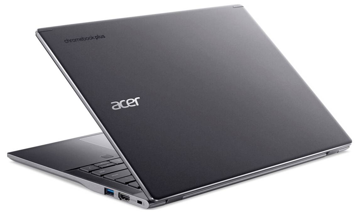 Ein schlankes, graues Acer Chromebook Laptop ist teilweise geöffnet und zeigt das Acer-Logo auf dem Deckel.