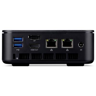 Ein schwarzer Computer Mini-PC mit sichtbaren Anschlüssen, einschließlich USB, DisplayPort, HDMI, Ethernet und Stromanschluss.