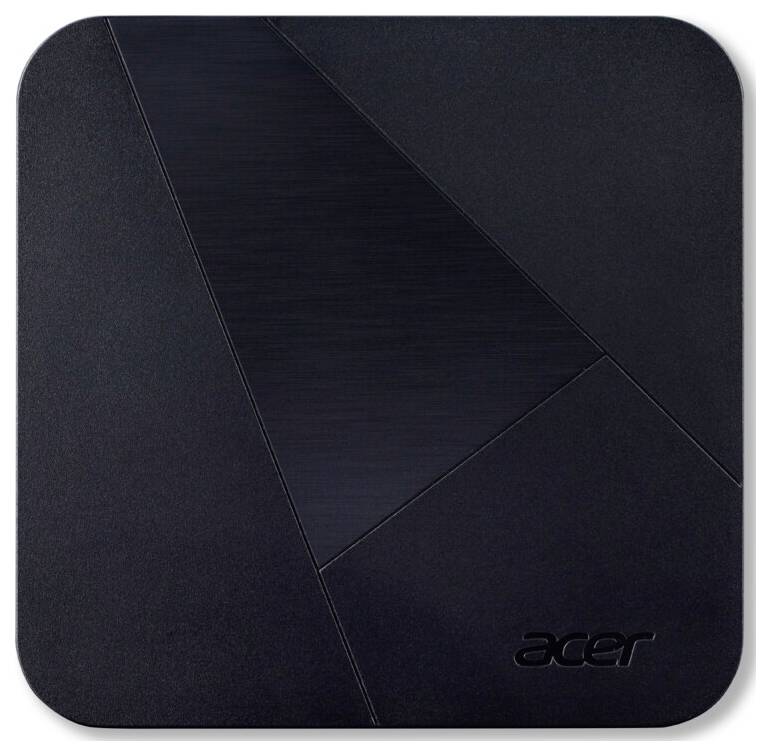 Ein schlankes, schwarzes, quadratisches Gerät mit subtilen geometrischen Mustern und dem 'acer' Logo in der unteren rechten Ecke.