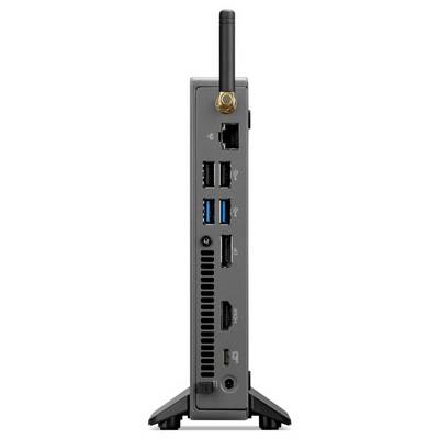 Eine vertikale Ansicht der Rückseite eines kompakten Computers mit verschiedenen Anschlüssen, darunter USB, HDMI, Ethernet und einer sichtbaren Antenne.