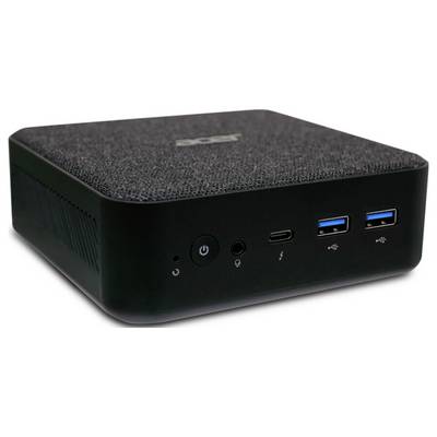 Eine kleine schwarze Computerbox mit strukturierter Oberfläche, die einen Einschaltknopf, USB-Anschlüsse und eine Audioschnittstelle auf der Frontblende aufweist.