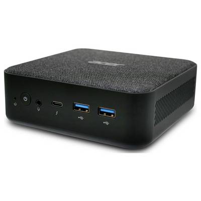 Ein kompaktes schwarzes elektronisches Gerät mit zwei blauen USB-Anschlüssen, einem USB-C-Anschluss und einem Einschaltknopf vor einem schlichten Hintergrund.