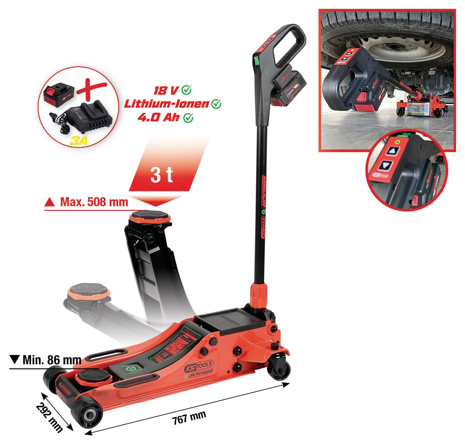 Illustration des "Güde Wagenheber" mit dem Gerät, das ein Fahrzeug anhebt. Merkmale: 18V Lithium-Akku, 3-Tonnen-Tragfähigkeit, minimale Höhe 86 mm.