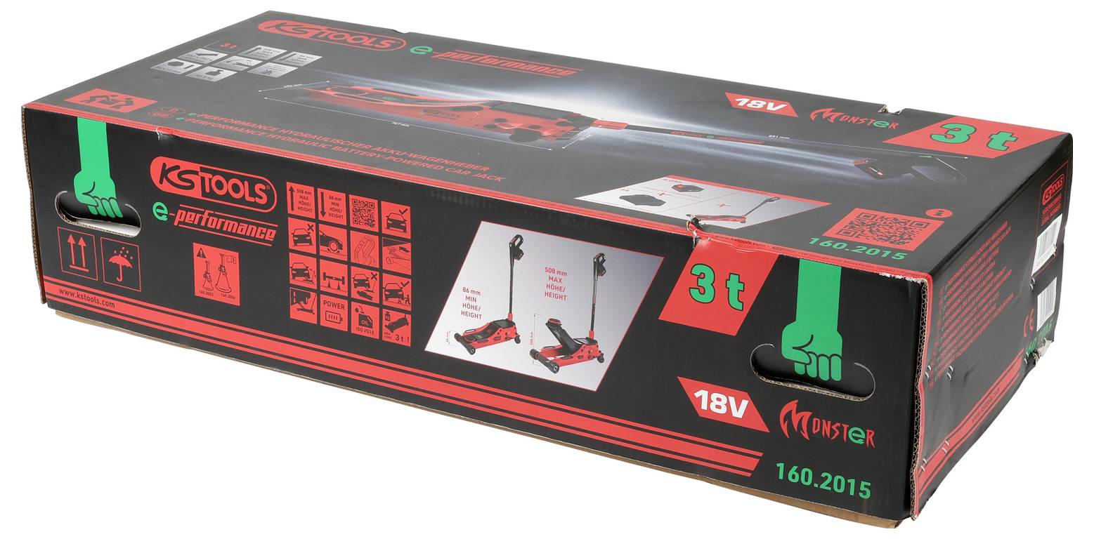 Das Bild zeigt einen verpackten KS Tools e-performer 3T Wagenheber, beschriftet mit '18V, Monster, 160.2015', mit Illustrationen, die Merkmale und Sicherheitssymbole zeigen.