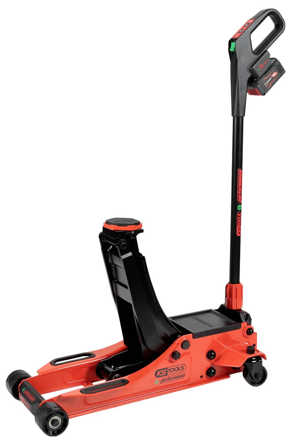 Ein roter hydraulischer Bodenwagen mit schwarzem Griff und zwei Rädern, der zum Anheben von Fahrzeugen für Wartungs- oder Reparaturarbeiten verwendet wird.