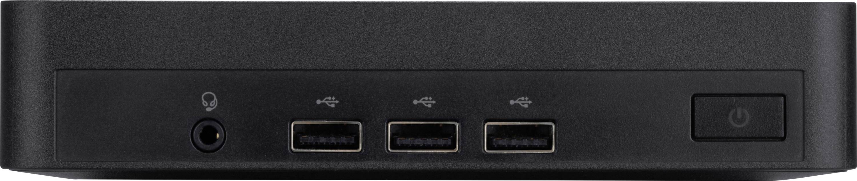 Schwarzes elektronisches Gerät mit drei USB-Anschlüssen, Einschaltknopf und Kopfhörerbuchse auf der Frontplatte.