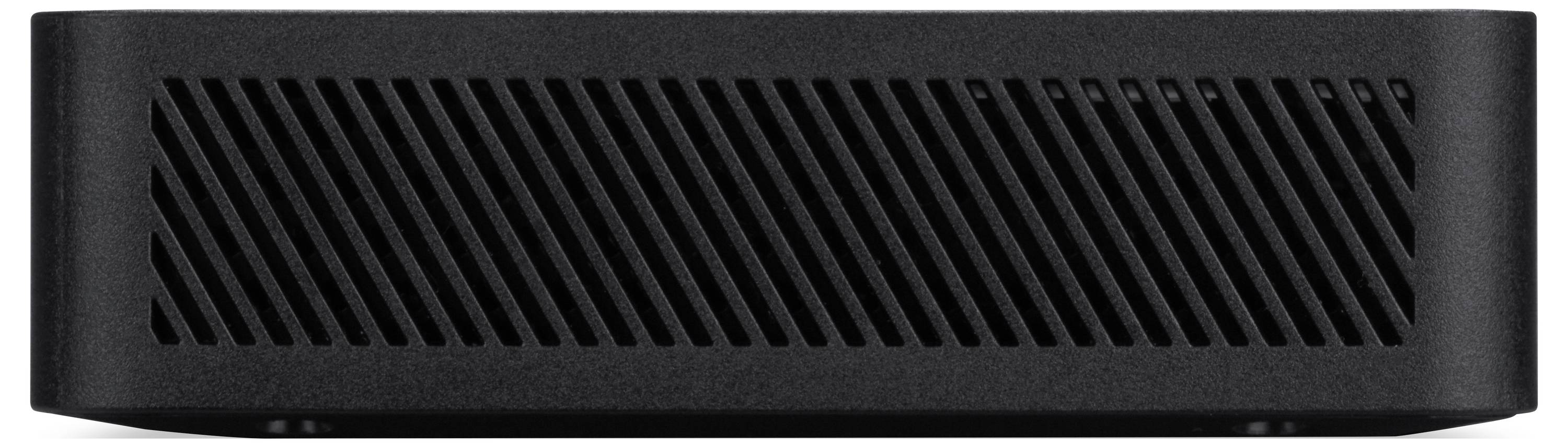 Ein schwarzes rechteckiges elektronisches Gerät mit diagonalen Belüftungsschlitzen an der Frontblende, was auf eine Kühl- oder Belüftungsfunktion hindeutet.