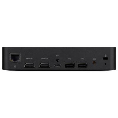 Rückansicht eines Dockingstations mit einem Ethernet-Anschluss, zwei HDMI-Anschlüssen, einem USB-C-Anschluss, zwei USB-A-Anschlüssen, einem Stromeingang und einem Sicherheitsschloss-Steckplatz.