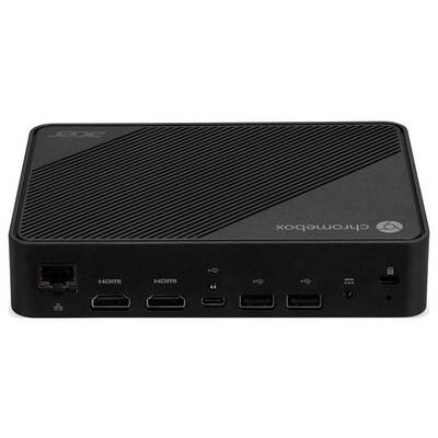 Eine kompakte schwarze Computerbox mit der Aufschrift "Chromebox", die mehrere Anschlüsse wie HDMI, USB und Ethernet an der Vorderseite aufweist.
