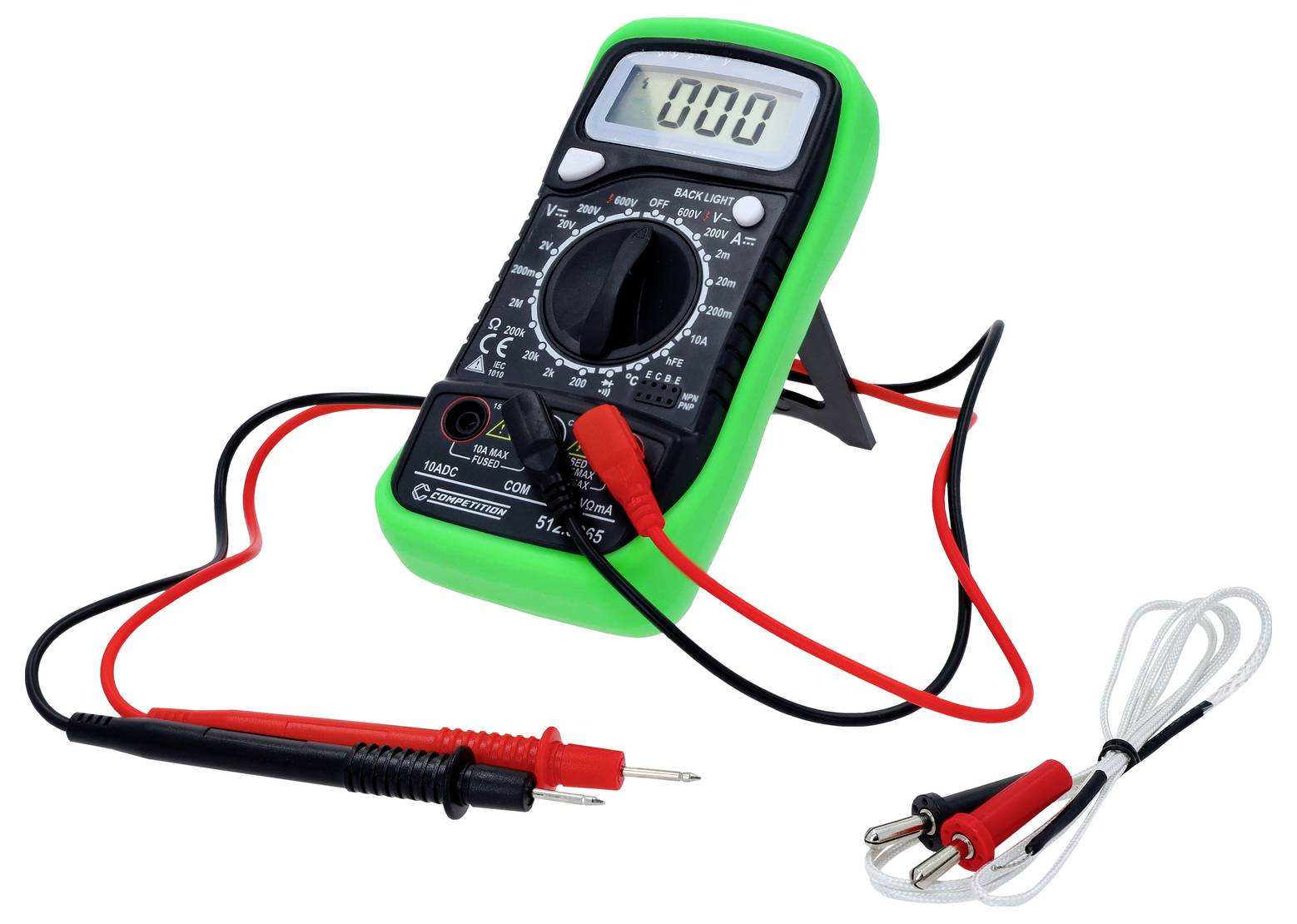 Ein digitales Multimeter mit roten und schwarzen Messleitungen wird auf einem Ständer präsentiert. Der Bildschirm zeigt '000' und signalisiert, dass derzeit keine Strommessung durchgeführt wird.