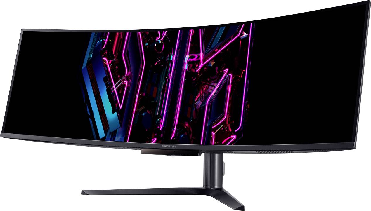 Gekrümmter Ultrawide-Monitor, der ein farbenfrohes abstraktes Bild mit rosa Neon-Elementen anzeigt.