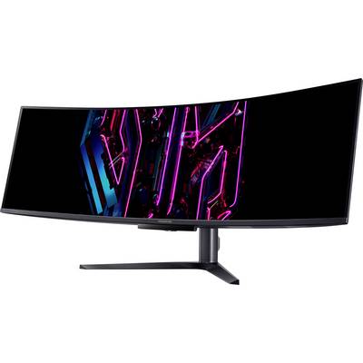 Gekrümmter Ultrawide-Monitor, der ein farbenfrohes abstraktes Bild mit rosa Neon-Elementen anzeigt.