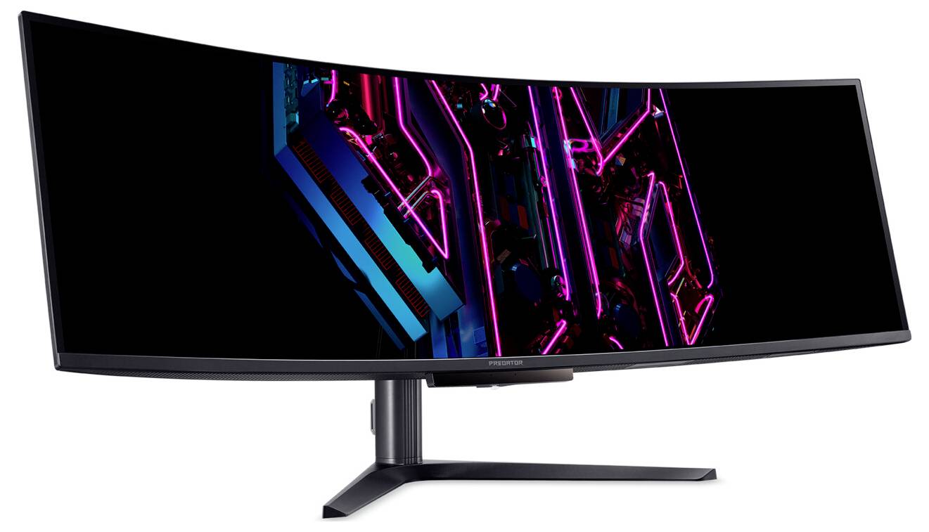 Ein gebogener Breitbildmonitor, der lebendige Neon-Grafiken mit geometrischem Design zeigt, hauptsächlich in Pink- und Blautönen.