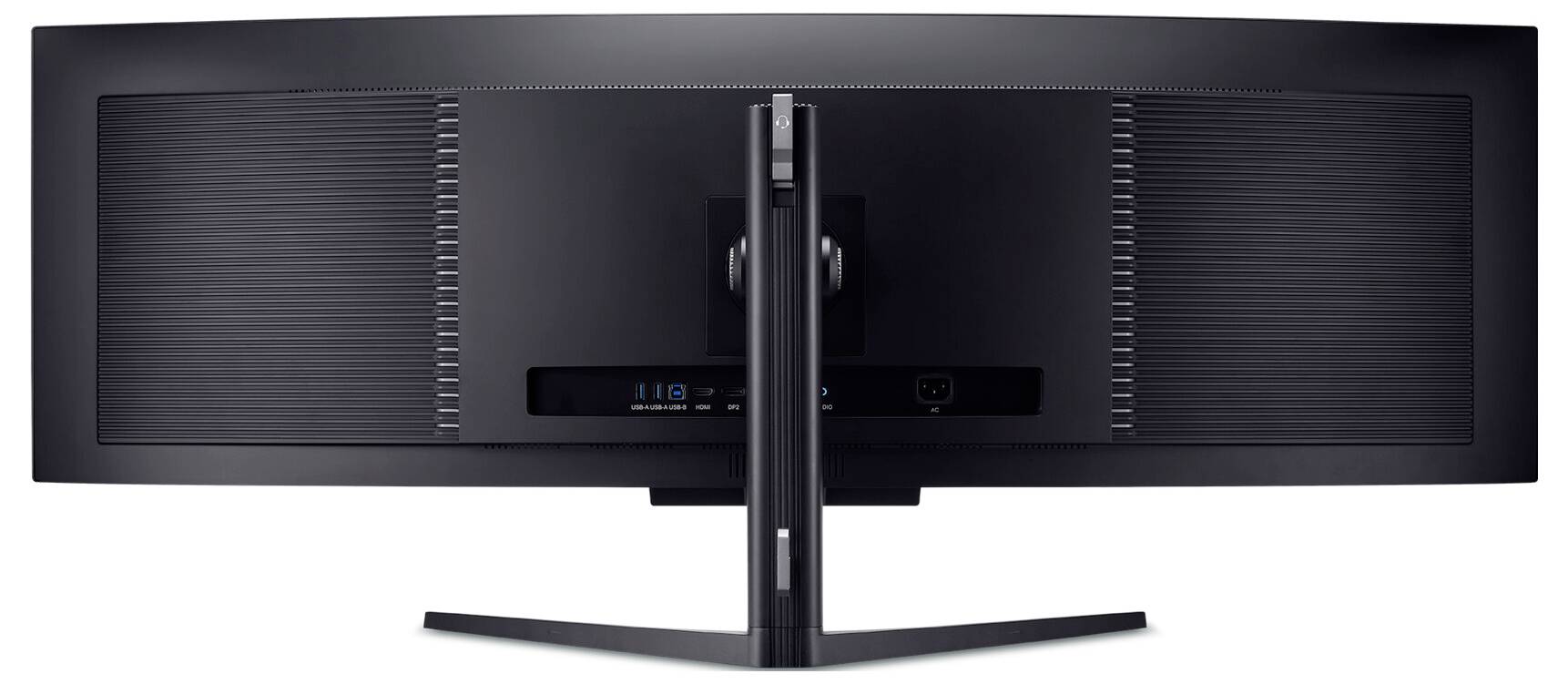Ein Widescreen-Monitor von hinten gesehen, der ein schlankes Design mit zwei großen Lüftungsschlitzen und einem stabilen Standfuß in der Mitte zeigt.