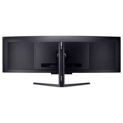 Ein Widescreen-Monitor von hinten gesehen, der ein schlankes Design mit zwei großen Lüftungsschlitzen und einem stabilen Standfuß in der Mitte zeigt.