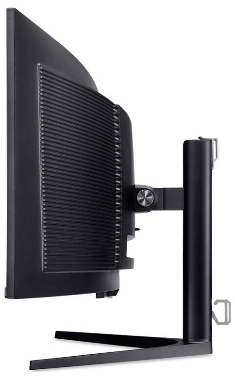 Seitenansicht eines schwarzen Computermonitors mit dünnem Profil, der eine geriffelte Rückseite und einen verstellbaren Ständer für ergonomische Positionierung zeigt.