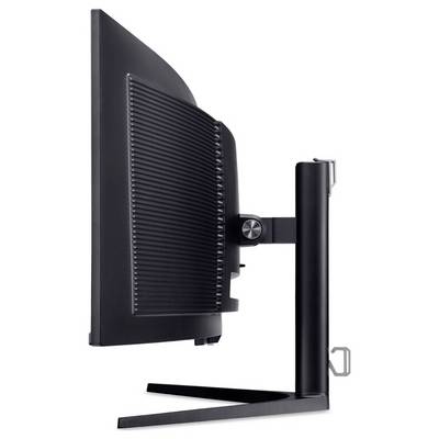 Seitenansicht eines schwarzen Computermonitors mit dünnem Profil, der eine geriffelte Rückseite und einen verstellbaren Ständer für ergonomische Positionierung zeigt.