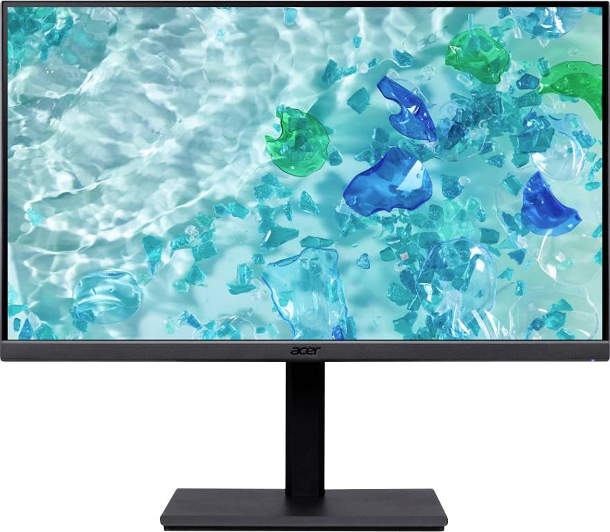 Ein Monitor, der ein abstraktes Bild mit Blau- und Grüntönen zeigt, mit einer wasserähnlichen Textur und schwebenden Formen, die eine beruhigende Ästhetik betonen.