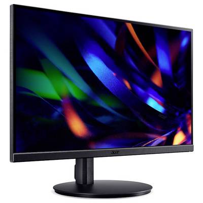 Ein schlanker Acer-Monitor auf einem Ständer, der ein lebendiges abstraktes Bild mit dynamischen Blau-, Orange- und Grünmustern zeigt.