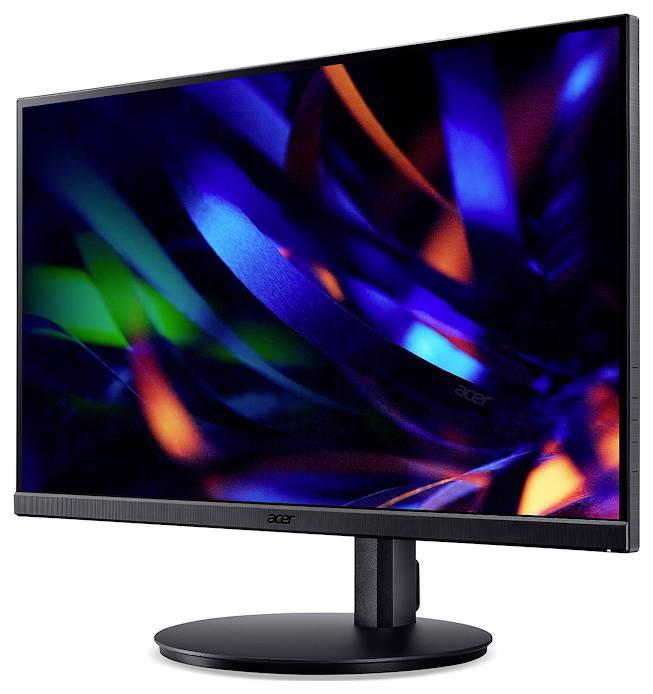 Acer-Monitor mit schmalem Rahmen, der einen abstrakten, bunten Wirbel aus blauen, roten und grünen Tönen auf dem Bildschirm zeigt.