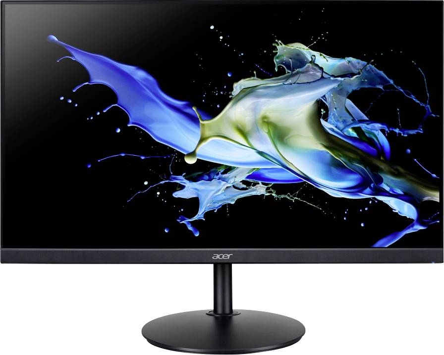 Ein Computermonitor von Acer mit schwarzem Rahmen zeigt ein abstraktes Design mit Farbspritzern in lebendigen Blau- und Grüntönen auf dem Bildschirm.