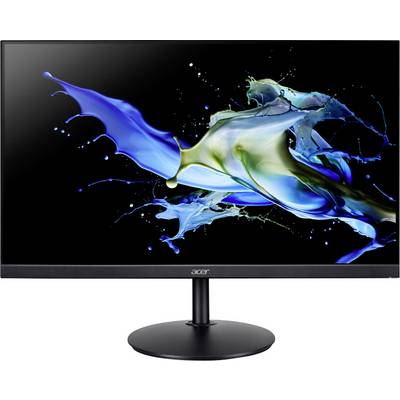 Ein Computermonitor von Acer mit schwarzem Rahmen zeigt ein abstraktes Design mit Farbspritzern in lebendigen Blau- und Grüntönen auf dem Bildschirm.