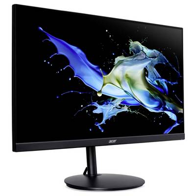 Ein schlanker Acer-Computermonitor, der einen abstrakten Spritzer in Blau und Grün auf einem schwarzen Bildschirm zeigt. Der Monitor steht auf einer runden Basis.