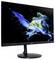 Ein schlanker Acer-Computermonitor, der einen abstrakten Spritzer in Blau und Grün auf einem schwarzen Bildschirm zeigt. Der Monitor steht auf einer runden Basis.