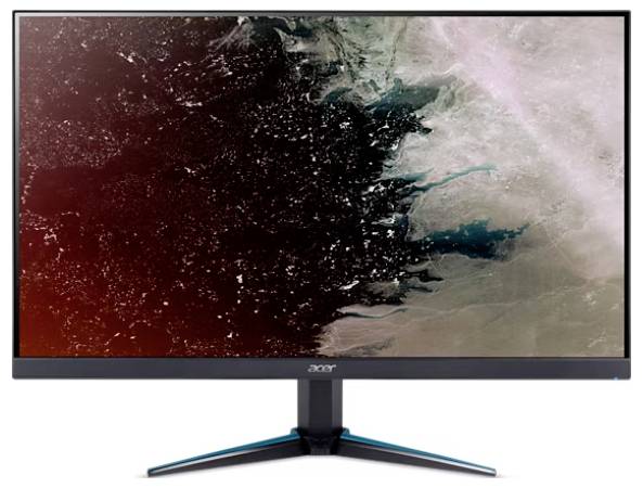Ein Breitbild-Computermonitor mit einem Ständer, der ein abstraktes Bild zeigt, das eine Mischung aus dunklem Rot, Schwarz und Petrolblau präsentiert.
