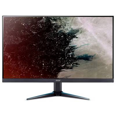 Ein Breitbild-Computermonitor mit einem Ständer, der ein abstraktes Bild zeigt, das eine Mischung aus dunklem Rot, Schwarz und Petrolblau präsentiert.