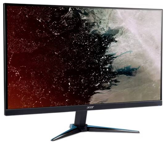 Ein Computermonitor mit einem dynamischen abstrakten Hintergrund, der rote, schwarze und weiße Wirbel zeigt, auf einem eleganten schwarzen Ständer.