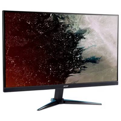 Ein Computermonitor mit einem dynamischen abstrakten Hintergrund, der rote, schwarze und weiße Wirbel zeigt, auf einem eleganten schwarzen Ständer.
