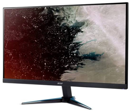 Ein schwarzer Acer-Computermonitor, der ein abstraktes rotes und grünes digitales Muster zeigt. Der Monitor hat ein schlankes, modernes Design.