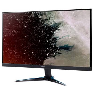 Ein schwarzer Acer-Computermonitor, der ein abstraktes rotes und grünes digitales Muster zeigt. Der Monitor hat ein schlankes, modernes Design.