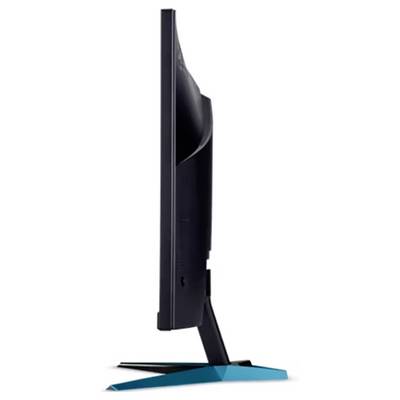 Ein schlanker, schwarzer Computermonitor, von der Seite betrachtet, der sein schmales Profil auf einem eleganten dreieckigen Ständer mit blauem Akzent präsentiert.