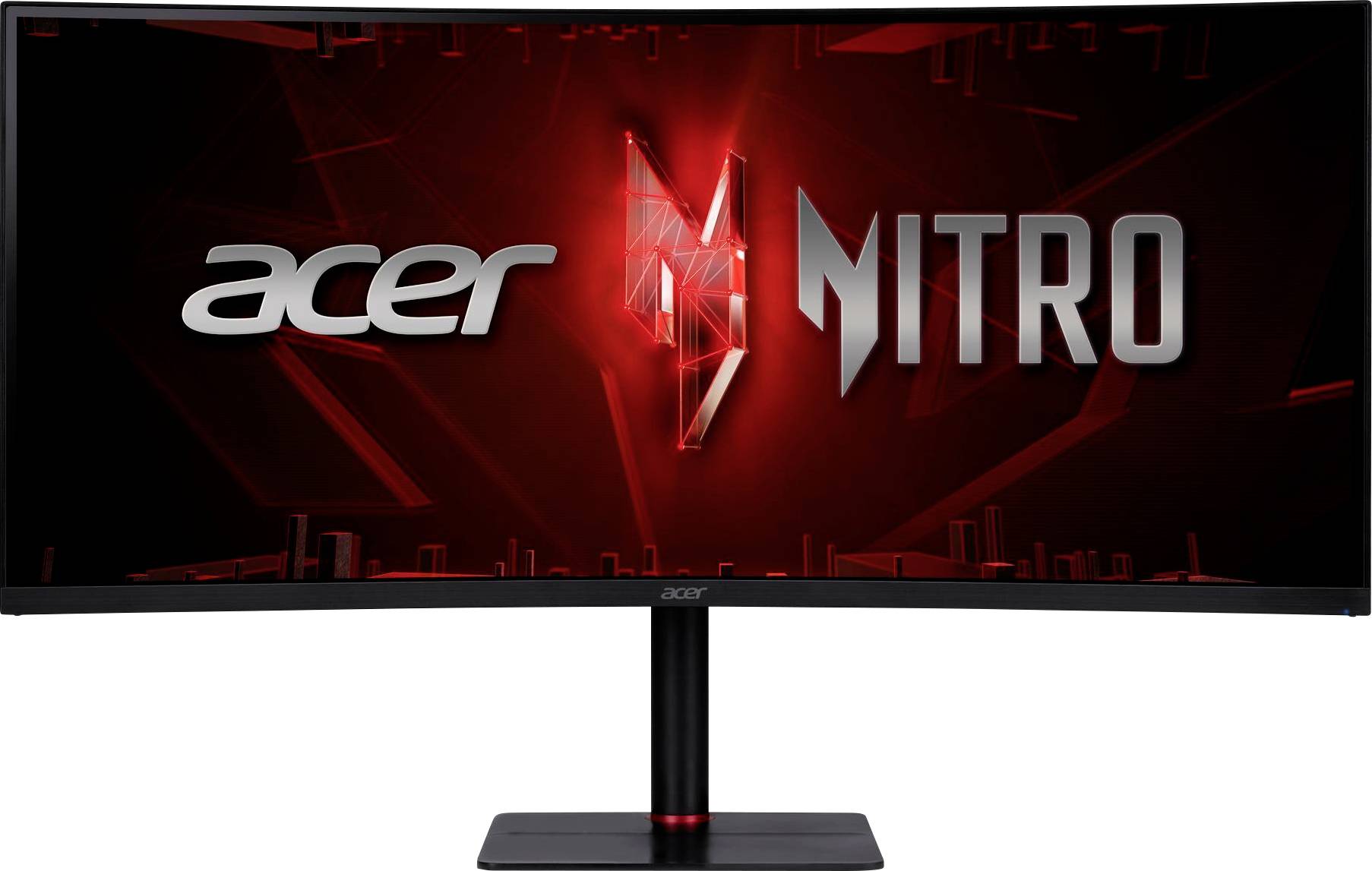 Ein Breitbild-Monitor, der das Acer Nitro-Logo auf einem rot-schwarzen Hintergrund zeigt und damit ein Gaming-Thema andeutet.