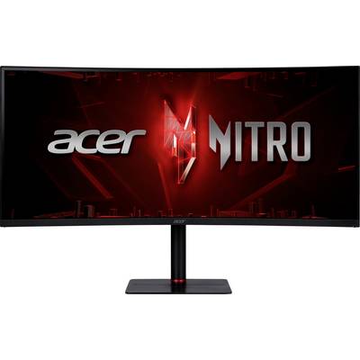 Ein Breitbild-Monitor, der das Acer Nitro-Logo auf einem rot-schwarzen Hintergrund zeigt und damit ein Gaming-Thema andeutet.