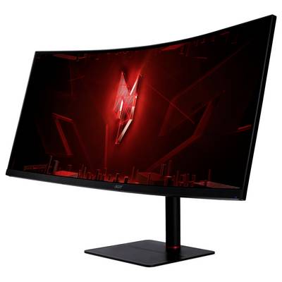 Gebogener Gaming-Monitor mit einem rot-schwarzen Bildschirmdesign auf einem Ständer, der einen stilisierten roten Blitz in der Mitte zeigt.