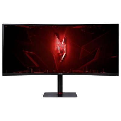 Ein breiter, gebogener Gaming-Monitor mit einem roten und schwarzen abstrakten Hintergrund auf dem Bildschirm, der ein leuchtendes geometrisches Design in der Mitte zeigt.